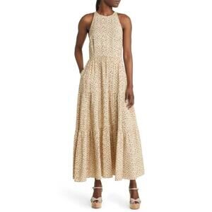 Chelsea28 Tiered Maxi Sleeveless Dress in Beige Angora Animal Dots